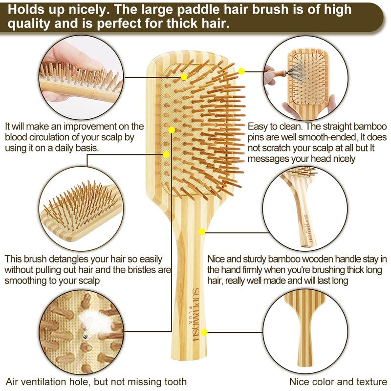 Bamboo Hair Brush Comb Set for Women Men, Wood Bristle Paddle Detangling Brush, Wide Tooth Comb for Curly Wavy Thick Thin Wet Dry Hair, Brush Cleaning Tool Included - 4 Pack Bamboo hairbrush and comb set