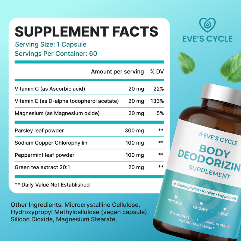 [Australia] - Body Deodorizing Supplement ‚Äì Natural Internal Deodorant Chlorophyll Capsules with Chlorophyllin, Parsley & Peppermint ‚Äì 60 Vegan 500mg+ Chlorophyll Pills ‚Äì Daily Detox & Cleanse Support ‚Äì Made in USA 