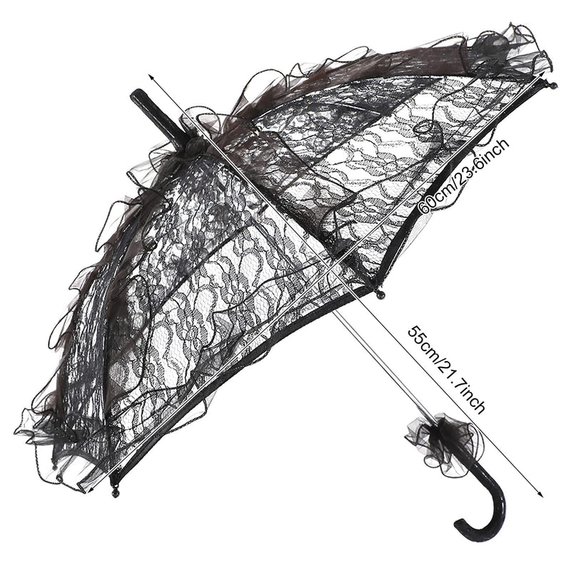 Fdit Bridal Lace Cotton Umbrella Parasol Costume for Wedding Parties Dancing Photography Prop(Black)