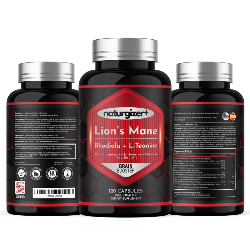 Lion's Mane Nootropic with L-Theanine, Bacopa, B Vitamins | 120 Cap | Caffeine-Free Lion's Mane Complex with Citicoline, L-Theanine, Bacopa & B Vitamins | 120 Capsules