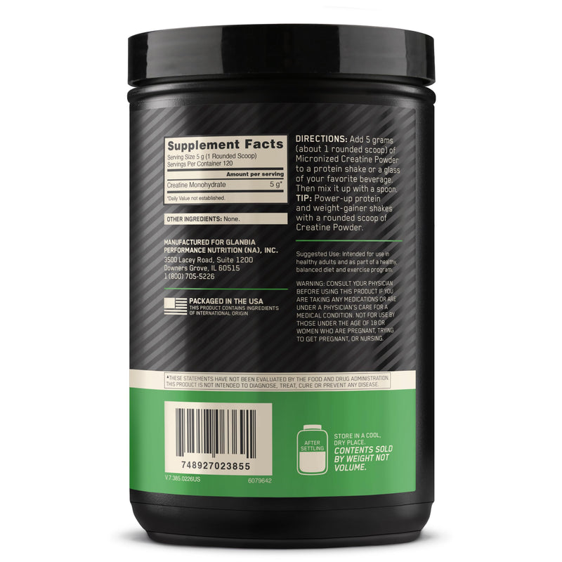 Optimum Nutrition Creatine, Micronized Creatine Monohydrate Powder, Supports Strength & Recovery, Banned Substance Tested, Unflavored, 5 g per Serving, 120 Servings | 5g Micronized Creatine Monohydrate Powder Per Serving, Supports Muscle Strength & Pow...