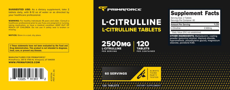 Primaforce L-Citrulline 2500mg per Serving, 60 Servings; 120 Tablets 120 Count (Pack of 1)