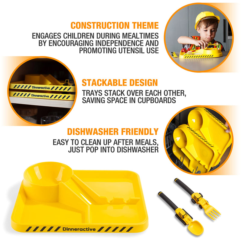 [Australia] - Dinneractive Dining Set for Kids - 3 Piece Construction Themed Toddler Utensils & Toddler Plates - Toddler Forks and Spoons - Kid Plate set Yellow 