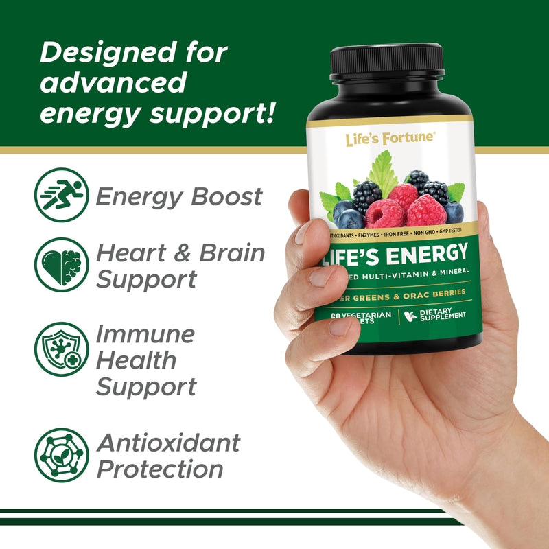 Life's Energy Advanced Daily Multivitamin for Men & Women, Energy and Immune Support Supplement with Super Greens, Antioxidants, Enzymes - Iron Free, Vegetarian, 60 Tablets by Life's Fortune 60 Count (Pack of 1)