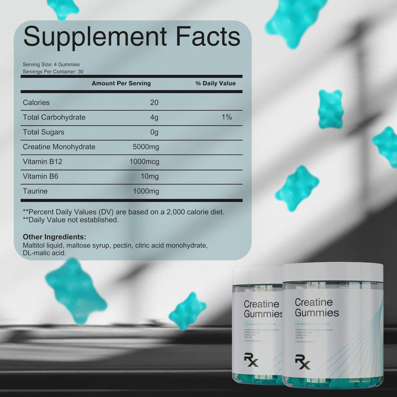 Creatine Gummies 5000mg – Chewable Creatine Supplement 1 Month Supply for Men and Women. Plus B12, B6 & Taurine. 120 Sugar Free & Vegan Creatine Monohydrate Gummies Blueberry Flavour 60 count (Pack of 1)
