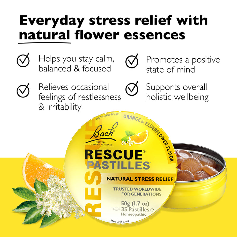 [Australia] - RESCUE Bach PASTILLES, Orange and Elderflower Flavor, Natural Stress Relief Lozenges, Homeopathic Flower Essence, Vegetarian, Gluten & Sugar-Free, 4 Count Orange & Elderflower 