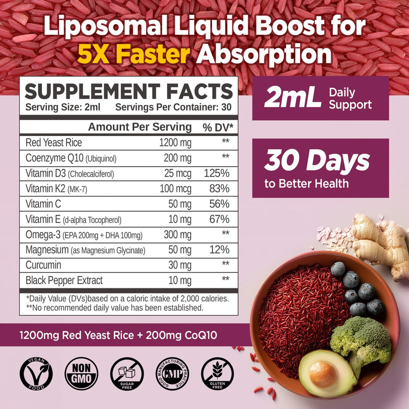 [Australia] - Liposomal Red Yeast Rice with CoQ10 Liquid Drops, 1200mg Red Rice Yeast Extract for Cholesterol Supplement,with Citrus Bergamot & Vitamins for Antioxidant,Heart Health, Vegan,2 FL OZ 