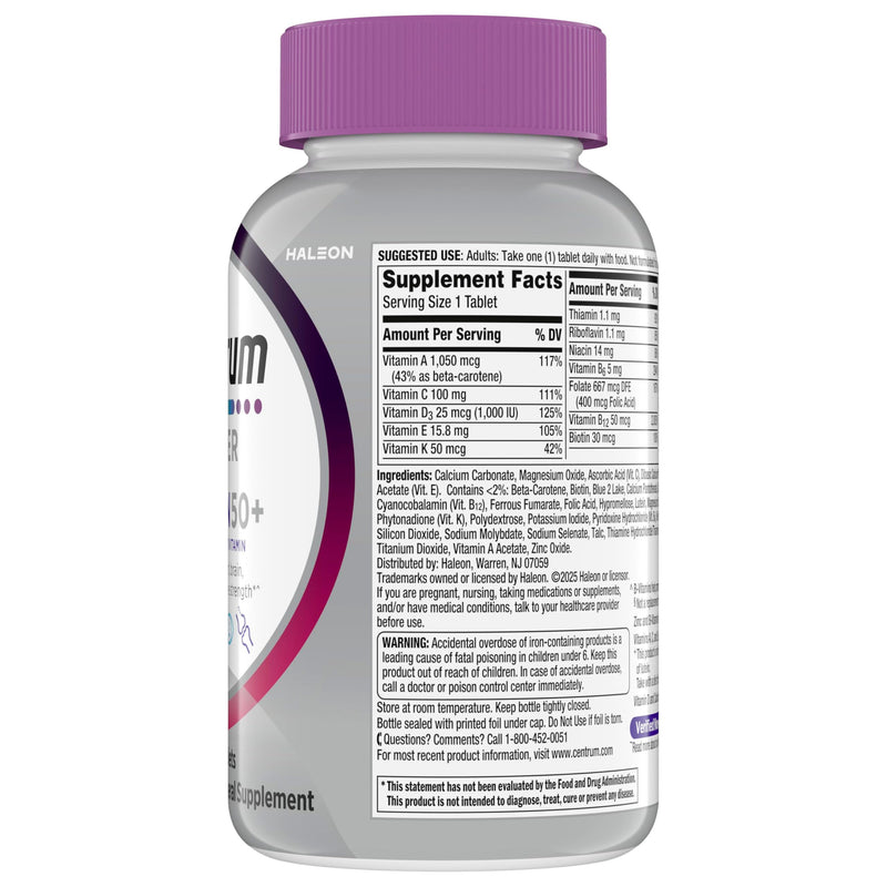 Centrum Silver Women's Multivitamin for Women 50 and Over, 200 Tablets | Contains Vitamin D3, B Vitamins, Calcium, and Antioxidants, Non-GMO Ingredients, Supports Memory and Cognition, GLP-1 Support