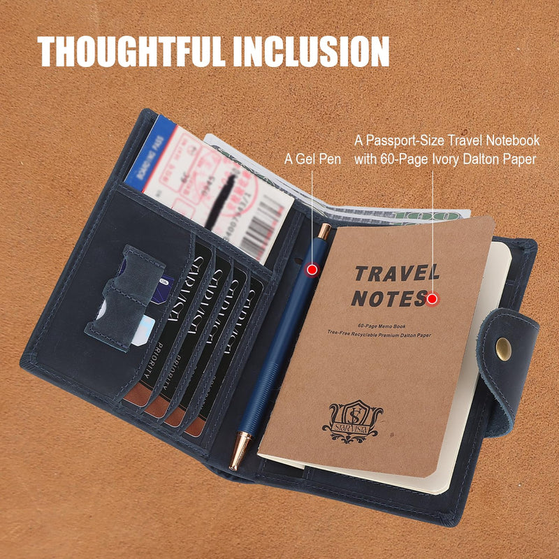 STAR VISTA Carmen Leather Passport Wallet, Dual Bifold Cash Pockets, RFID Blocking, ID Window, 6 Card Slots, Coin Pocket, SIM Slots, AirTag Slots, Navy Blue