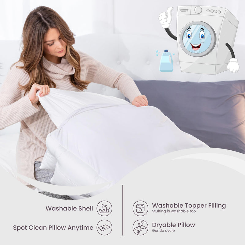 [Australia] - Wife Pillow - Topper, Down Alternative Premium Siliconized Fiberfill - Machine Wash & Dry. Adjustable for Side Sleepers by Zipper Access, Add or Remove Filling for Best Sleeping: Medium Support Insert - Fiber Fill Down Alternative, White/ Beige 