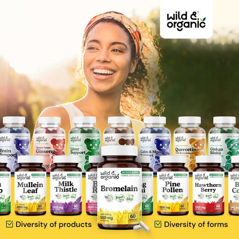 [Australia] - Wild & Organic Bromelain 500 mg Capsules - Digestive Support - Bromelain Powder Supplement - Pineapple Enzyme Source - Vegan, No Fillers, Non-GMO - 60 Count 
