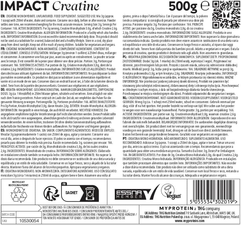 Myprotein Impact Pure Creatine Monohydrate Powder | 500 g (147 Servings) | Micronised Creatine for Strength & Muscle Growth | 3g Per Serving | Supports High-Intensity Training & Recovery | Unflavoured Unflavoured - Powder 500 g (Pack of 1)