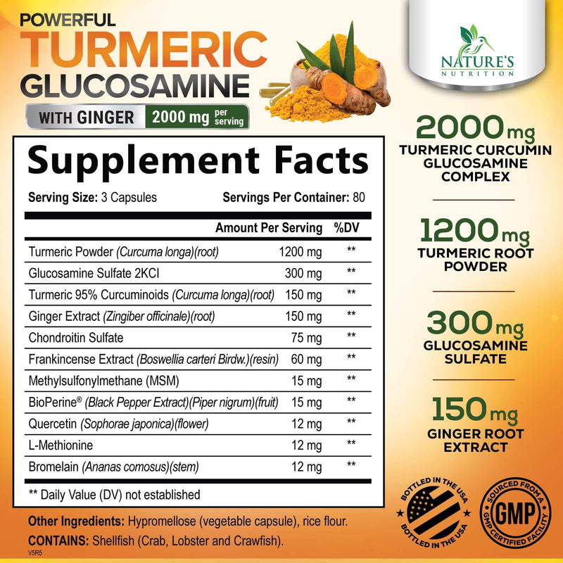 [Australia] - Turmeric Curcumin Supplement 2000mg - 95% Curcuminoids with Glucosamine, Ginger & MSM, BioPerine Black Pepper for Best Absorption, Nature's Vegan Joint Support, Non-GMO, Bottled in USA - 240 Capsules 240 Count (Pack of 1) 