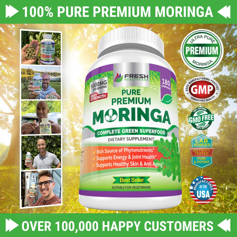 [Australia] - FRESH HEALTHCARE Moringa Oleifera 180 Capsules – 100% Pure Leaf Powder - 3 Month Supply - Non GMO and Gluten Free - Complete Green Superfood Supplement - Energy, Metabolism and Immune Support 