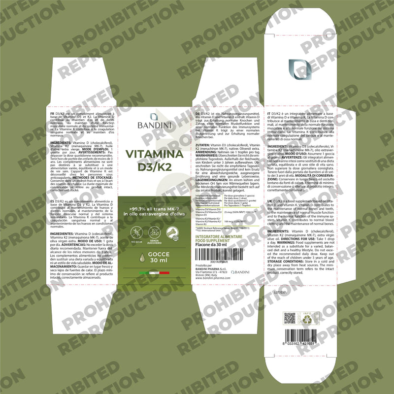 Bandini® Vitamin D3 K2 Drops, Extra Virgin Olive Oil EVO, Cholecalciferol 1000 IU per Drop + VIT K 2 MK-7 Menaquinone Kappa 99.7% 100 mcg per Drop, Vitamin D Drops, D3 and K2, 100% Vegan