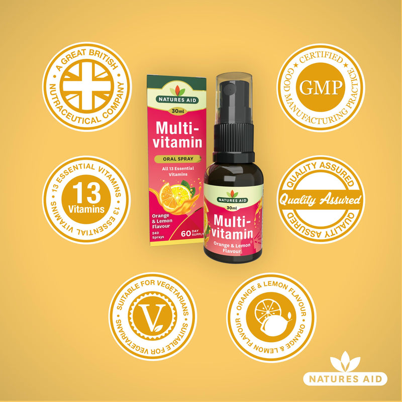 Natures Aid Multivitamin Daily Oral Spray 30ml - Natural High Strength Supports Energy Tiredness Fatigue Healthy Immune & Nervous System - Pill Tablet Capsule Free Liquid Supplement 2-Month Supply Multivitamin Spray 30ml