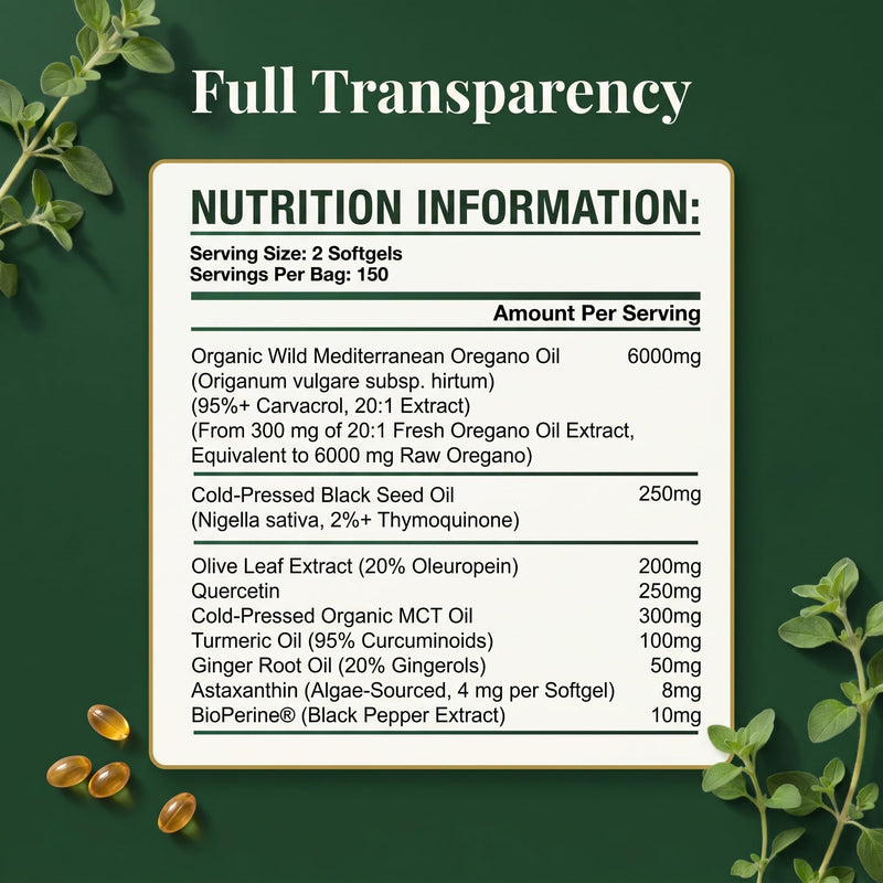 PURETREX Wild Oregano Oil 300 Softgels – Made in UK 6000mg with 95% Carvacrol, Black Seed Oil, Turmeric & Ginger, High Potency Herbal Formula for Immune, Gut & Respiratory Support 300 count (Pack of 1)