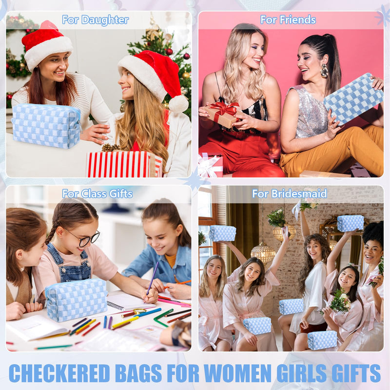 Giesiery Checkered Makeup Bag Bulk Cosmetic Organizer for Women & Teens Preppy Travel Toiletry Pouch for Skincare & Brushes Bridesmaid Proposal Gifts (24, Blue) 24
