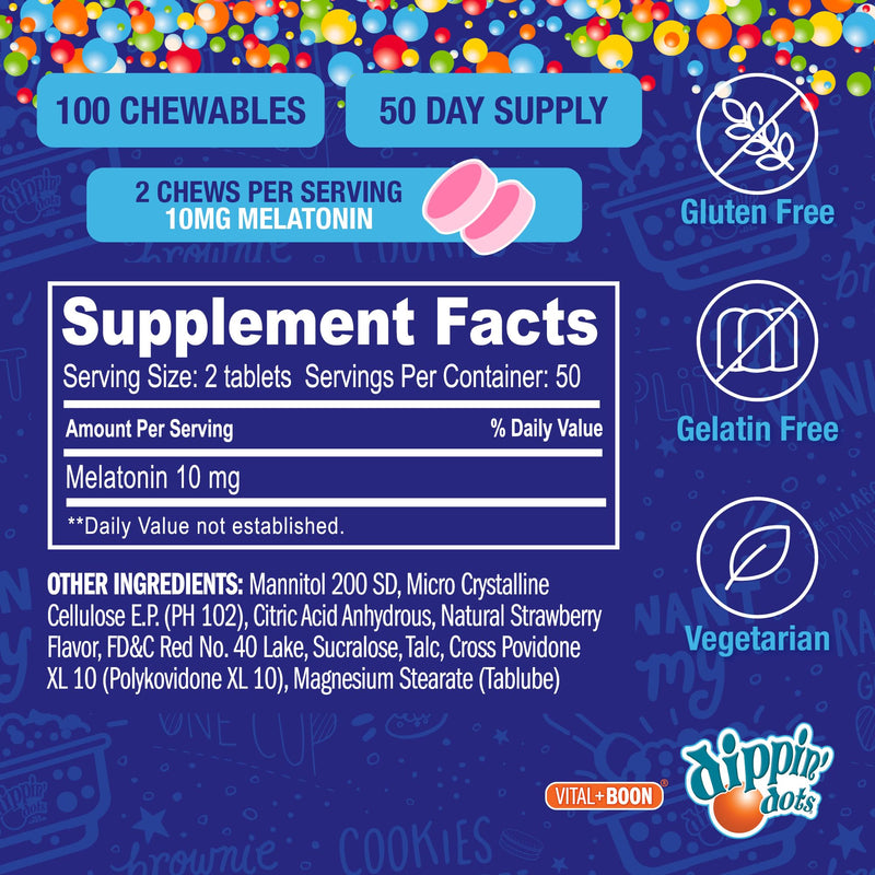 Dippin' Dots Chewable Melatonin Tablets 10mg, Natural Sleep Aid (100 Ct) | Strawberry Sunset Creme sugar-free chewable melatonin tablets, sleep medicine for nightly rest; kosher, gluten free. 100 Count (Pack of 1) Chews - 10 mg/serving