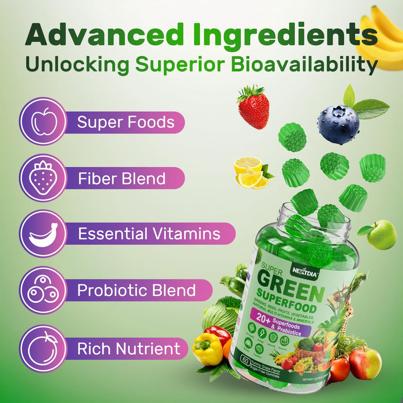 [Australia] - Super Greens Gummies, Greens Superfood Powder Alternative w/Spirulina, Chlorella, Prebiotic Fiber, Probiotic, Fruit Veggie, Daily Fruit Vegetable for Digestive & Gut Health, Immunity, Focus, 120 Cts 60 Count (Pack of 2) 