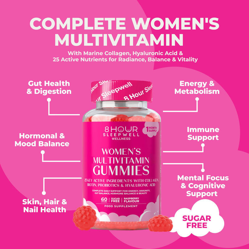 Women’s Multivitamin Gummies – 25 Essential Vitamins, Minerals & Probiotics | with Marine Collagen, Hyaluronic Acid, Biotin, Folic Acid, B5, B6, B12, C & D3 | Sugar-Free & Gluten-Free | 1 Month Supply