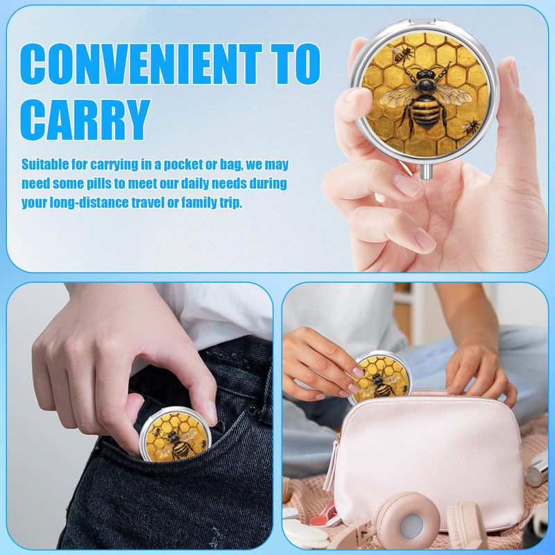 Pill Box, 3 Compartments Small Pill Case Travel Portable Metal Medicine Box with Mirror Mini Container for Purse Pocket Women Men（Cute Bee）