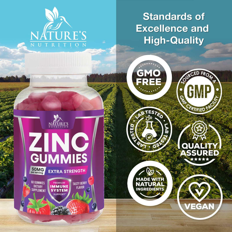 Zinc Gummies - 50mg Zinc Per Serving Immune Skin & Bone Support Health Gummy - Premium Antioxidant Chewable, High Absorption Vegan, Best Supplements Vitamin for Adults, Tasty Berry Flavor, 60 Gummies 60 Count (Pack of 1)