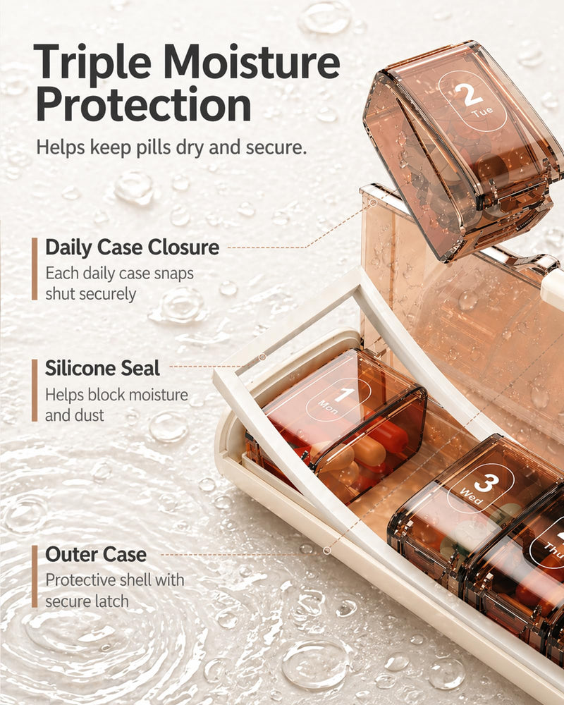 7 Day Pill Organizer, Travel Weekly Pill Box, 7 Removable Daily Cases | Travel-ready vitamin organizer with Easy Open access, BPA-Free, large capacity, Triple Moisture Protection, Brown White.