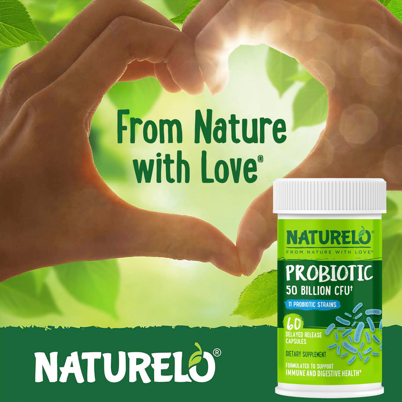 NATURELO Probiotics for Digestive Health, 50 Billion CFU 60 Capsules 2 Pack | 11 Strains, Daily Use Supplement, Delayed Release, No-Fridge, Boosts Immune System, Probiotics for Women & Men Unflavored 60 Count (Pack of 2)