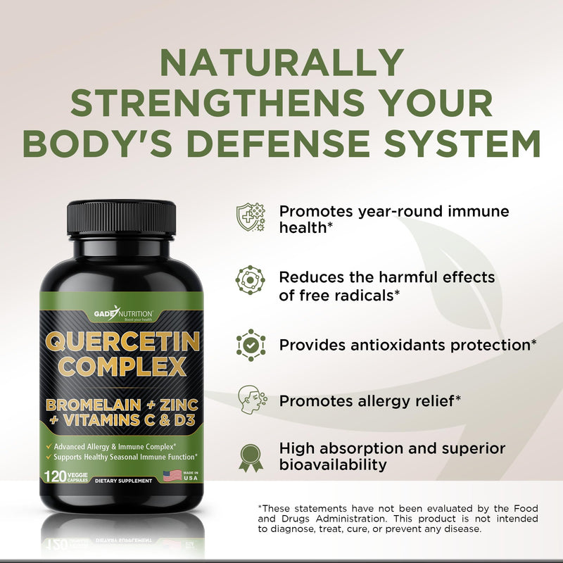 [Australia] - Gade Nutrition Organic Quercetin with Bromelain Vitamin C and Zinc | Immune Support Supplement Quercetin 500mg Capsules | Bioflavonoids Made in USA Third Party Tested 120 Count (Pack of 1) 