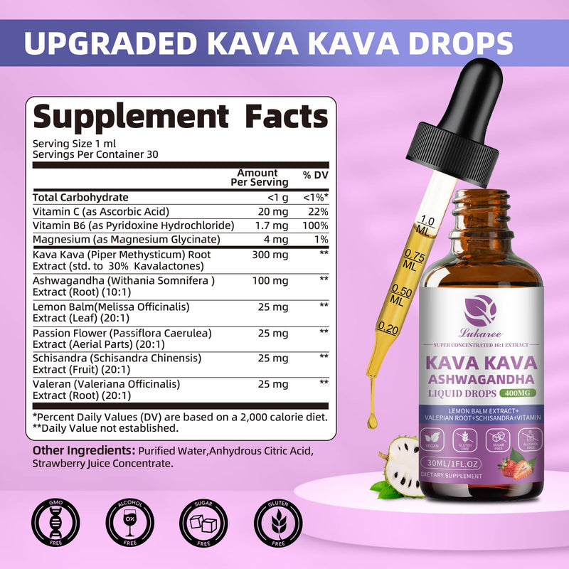 [Australia] - (2 pack) Kava Kava Root Extract Supplement - Calming High Concentration Kava w/ Ashwagandha, Lemon Balm, Valerian Root for Relaxation, Liver, Cognitive Support & Immune System,Vegan, Alcohol-Free 1 Fl Oz (Pack of 2) 