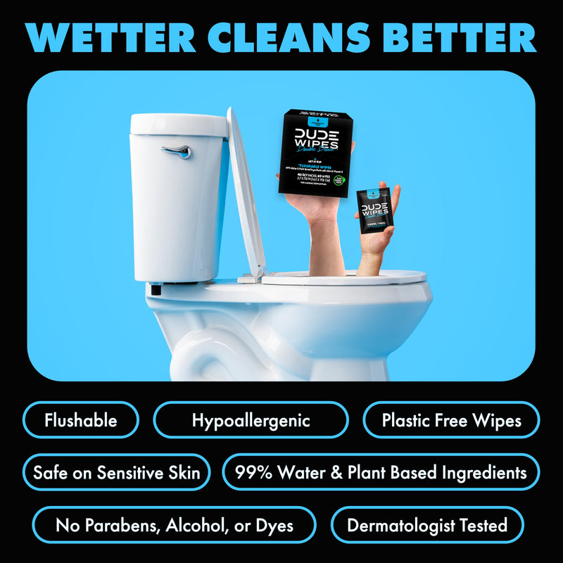 DUDE Wipes Double Deuce On-The-Go Flushable Wipes, 2 Per Pack, 80 Count | 40 packs of 2 unscented flushable butt wipes. Travel essentials. Hypoallergenic, 99% water, vitamin E and aloe. Septic safe. Fragrance Free 80 Count (Pack of 1)