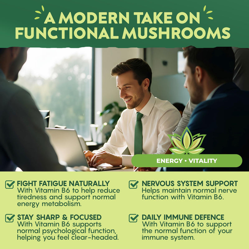 Multi Mushroom Gummies 6-in-1 with Lions Mane, Reishi, Shiitake & Vitamin B6 - Focus, Energy & Vitality - Vegan & Sugar-Free - 60 Gummies for Kids & Adults