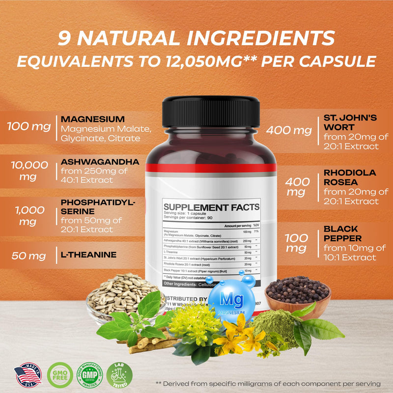 [Australia] - CORTISOL SHIELD 9 in 1-15,250mg Magnesium + Ashwagandha with Phosphatidylserine, L-Theanine, St. John's Wort, Rhodiola Rosea - Relaxation Support, Hormone Balance- USA made (90 count (pack of 1)) 90 Count (Pack of 1) 