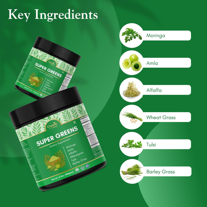 Organic Spree Super Greens Powder – 150 gm (5.3oz) | USDA Organic Certified | Superfood Mix with Moringa, Wheatgrass, Tulsi, Amla, Alfalfa & Barley Grass (1) 1