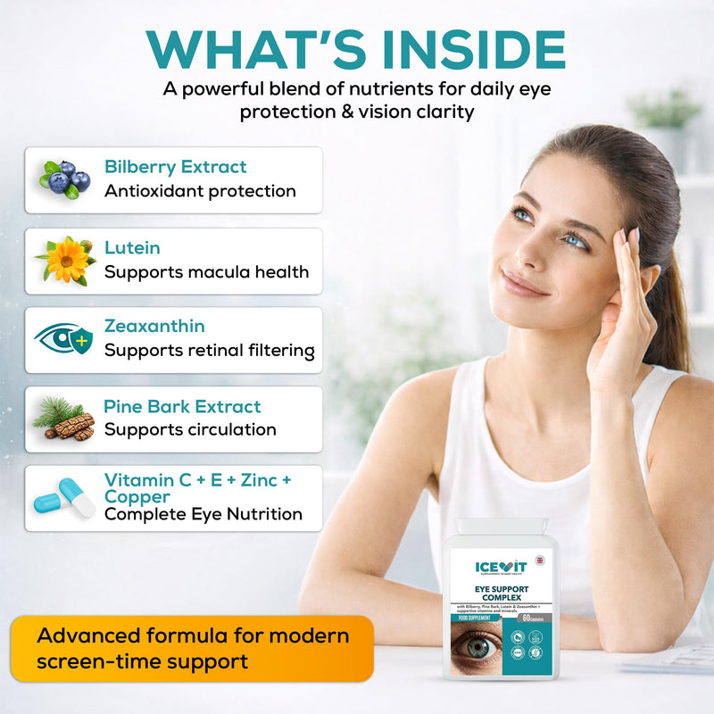 Eye Support Complex 60 Capsules with Lutein 10mg, Zeaxanthin 2mg, Bilberry & Pine Bark Extract, Vitamins E &C, Zinc for Normal Vision, Vegan Eye Health Supplement, Made in UK