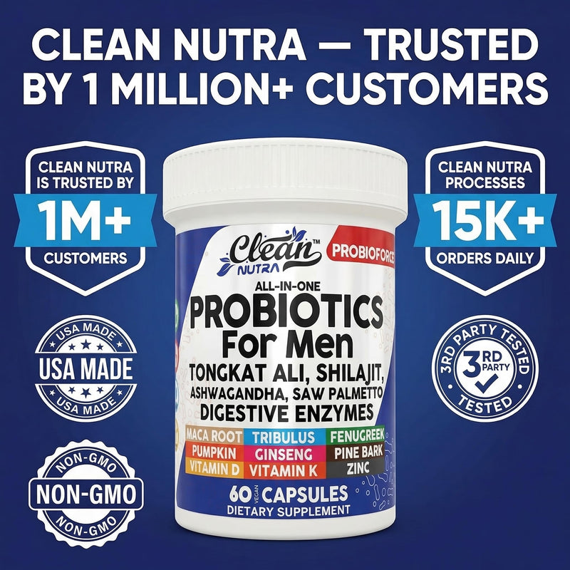 Clean Nutra Probiotics for Men | Tongkat Ali, Saw Palmetto, Tribulus, Ginseng, Ashwagandha, Maca, Pumpkin, Gingko Biloba, Pine Bark, Fenugreek, Shilajit, Zinc - Mens Probiotic 60 Capsules 1