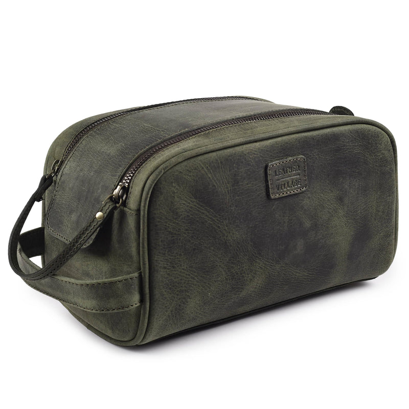 LEATHER VILLAGE Leather Toiletry Bag for Men, Travel Dopp Kit Shaving Bag | Full grain buffalo leather, water-resistant lining, 10x6x6 in, YKK zippers, side handle, travel shaving & grooming kit -Olive Olive