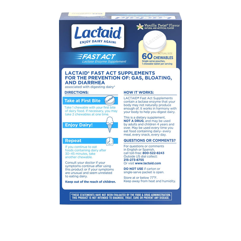 Lactaid Fast Act Lactose Intolerance Chewables with Lactase Enzymes, Vanilla, 60 Count (Pack of 1)