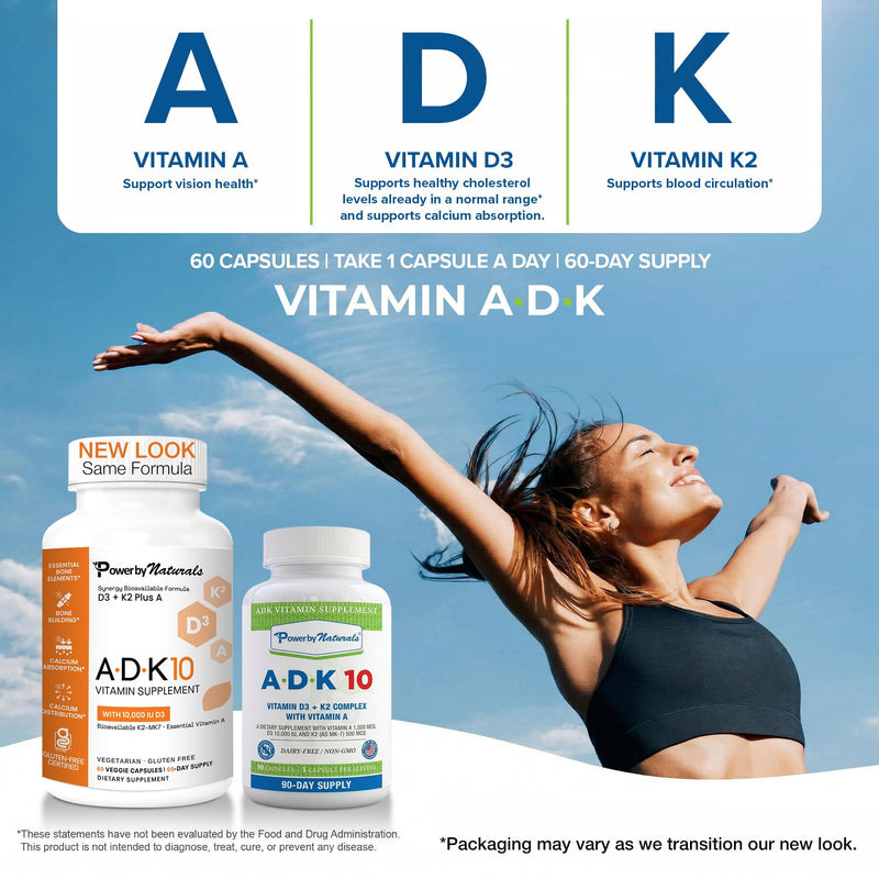 Power By Naturals ADK 10 Vitamin Supplement – Vitamins A, D3 & K2 MK-7 for Bone, Heart & Immune Health – Gluten-Free, Soy-Free – 90 Capsules (3-Month Supply) 90 Count (Pack of 1)