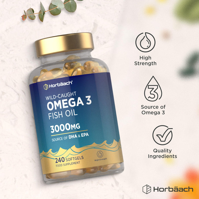 Omega 3 Capsules High Strength Fish Oil | 3000mg | 240 Count | Wild-Caught Fatty Acid Supplement Providing EPA and DHA | By Horbaach