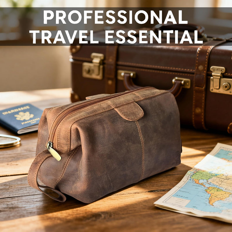 Leather Toiletry Bag for Men - Full Grain Travel Dopp Kit & Shaving Bag | Single Compartment, Back Zip Pocket, Waterproof Lining; Shaving & Cologne Organizer; TSA Carry-On; Gift for Men & Women Brown (Without Bottom Compartment)