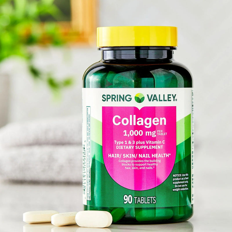 Collagen Type 1 & 3 Plus Vitamin C Hair Skin Nails Health Dietary Supplement Tablets, 1,000 mg, 90 Count by Spring Valley (Pack of 1)