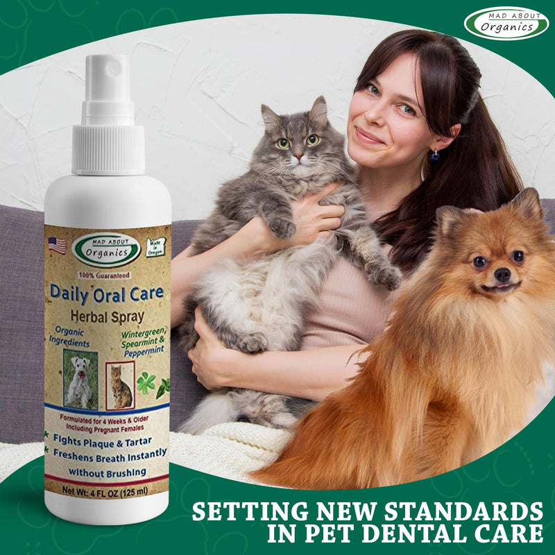 Daily Oral Care Herbal Spray for Dogs & Cats - Wintergreen, Spearmint & Peppermint Formula, Reduces Plaque & Tartar for Fresh Breath, Simple No-Brush Dental Solution, 4oz Bottle - PawsPlanet Australia