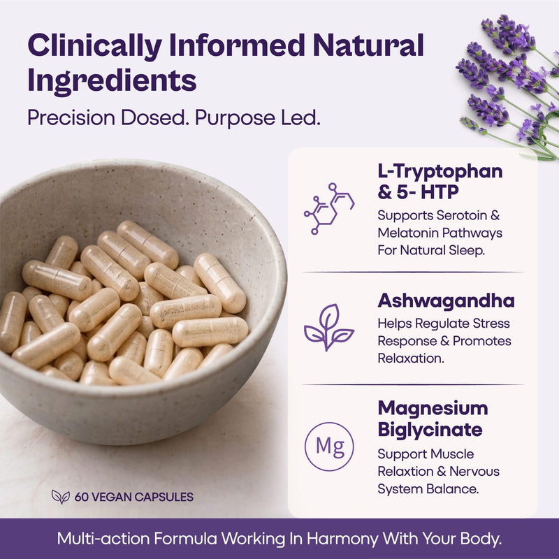 Peaceful Nights Magnesium Bisglycinate Capsules with Ashwagandha | High Absorption Bisglycinate | Evening Wind-Down Support Muscle Relaxation & Stress Support | 60 Capsules