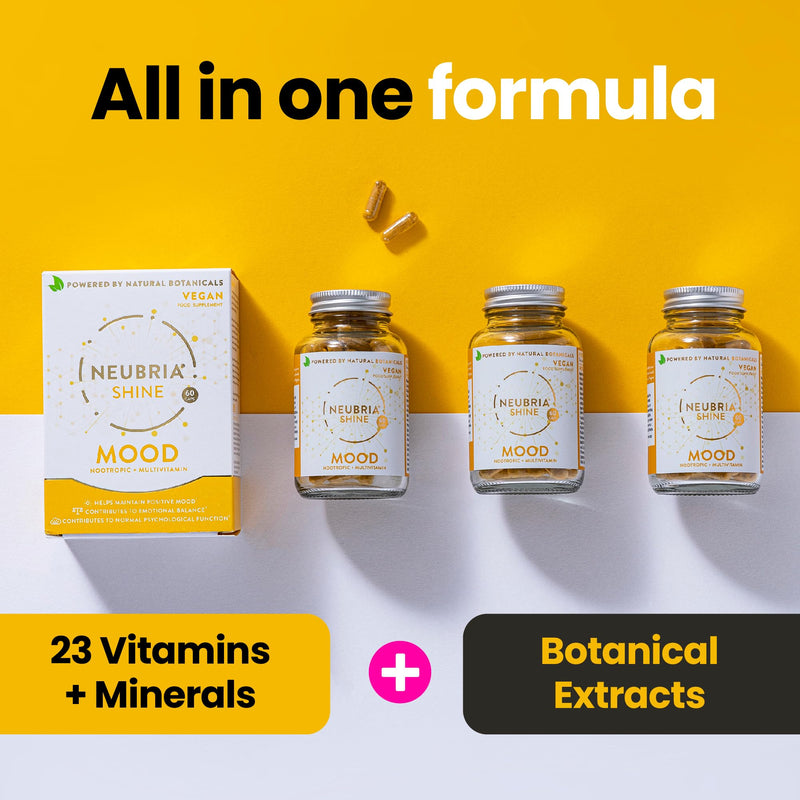 NEUBRIA Shine Mood Complex – Multivitamin for Adults with Ashwagandha, Rhodiola, Turmeric, Saffron, B Complex, Magnesium & Zinc - Potent Supplement for Daily Wellness – 60 Vegan Capsules Shine - Mood 60 Capsules 60 count (Pack of 1)