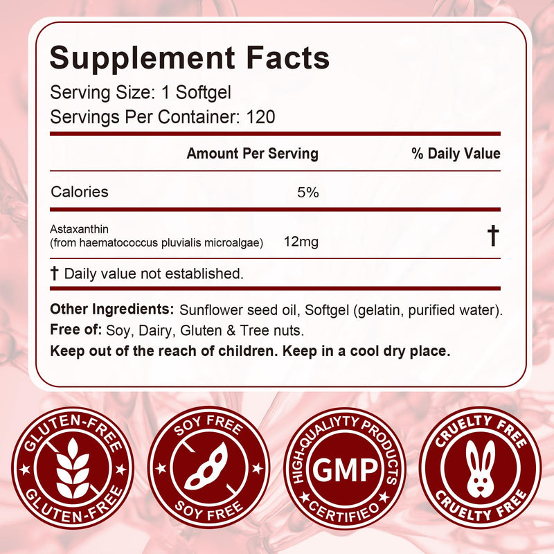 [Australia] - Astaxanthin 12mg - 120 Softgels - 4 Month Supply - Organic Astaxanthin Antioxidant Supplements Supports Eye, Joint, Internal Circulation and Skin Health - Non-GMO 