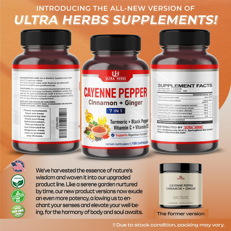 [Australia] - Cayenne Pepper 7 IN 1 - 16,250mg - with Ginger, Turmeric, Cinnamon, Black Pepper - Promotes Digestive System Function (150-day supply (pack of 1)) 150-day supply (pack of 1) 