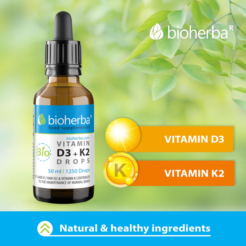 Vitamin D3 + K2 Drops by Bioherba | Vegan Liquid Supplement with No Additives 50 ml 50 ml (Pack of 1)