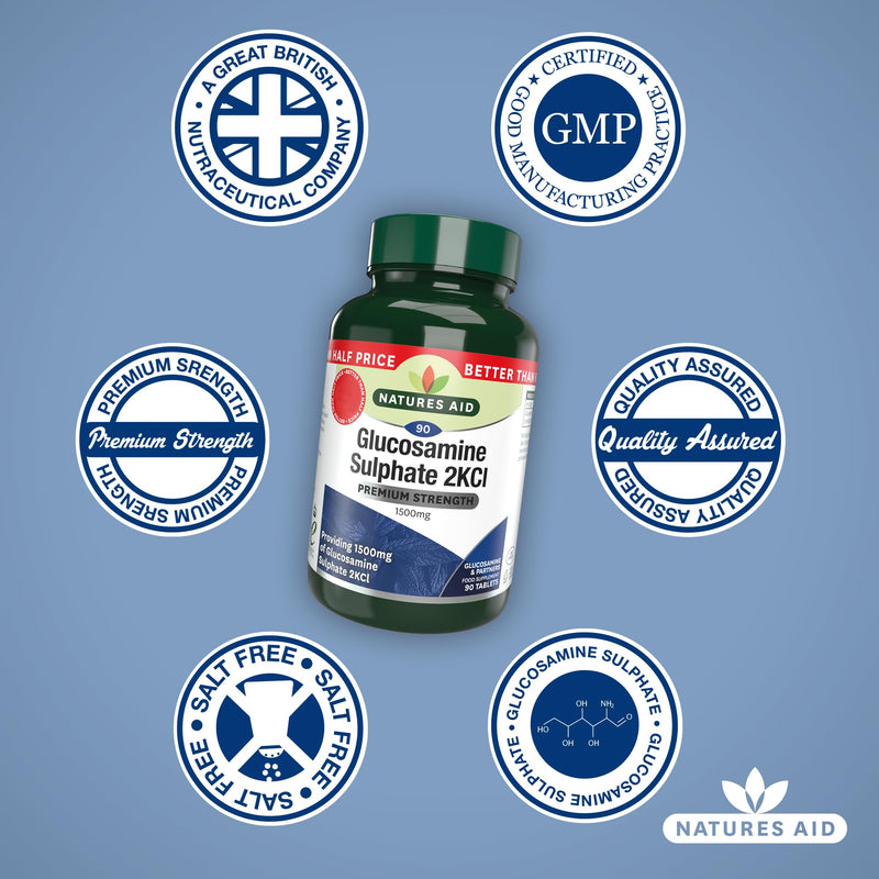 Natures Aid Glucosamine Sulphate 1500mg 90 Tablets – High Strength, Salt-Free – Supports Joint Health, Mobility, Flexibility – Gluten-Free, Non-GMO – Natural Food Supplement Glucosamine Sulphate 1500 mg 90 Tablets
